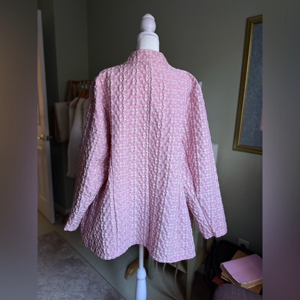 Pink Textured Long Line Open Front Mock Neck Blazer - Picture 8 of 9